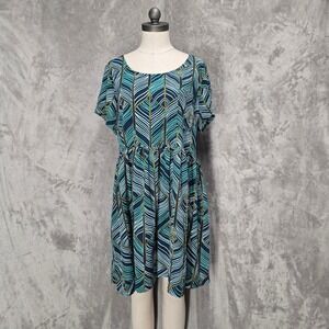 Manuheali'i Dress Women XL-2X Blue Green Geometric Short Sleeve Pockets Hawaii